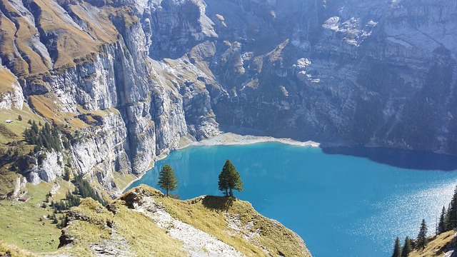 Beautiful crater-like lake encapsulated by steep banks