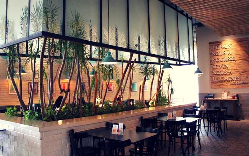 Beautiful coffee shop setting with an indoor garden
