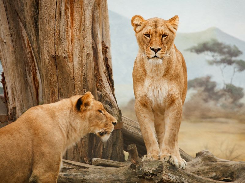 Two lionesses by a tree