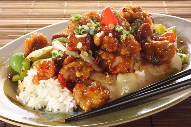 Sweet and sour pork and rice. Part of a series of nine Asian foo