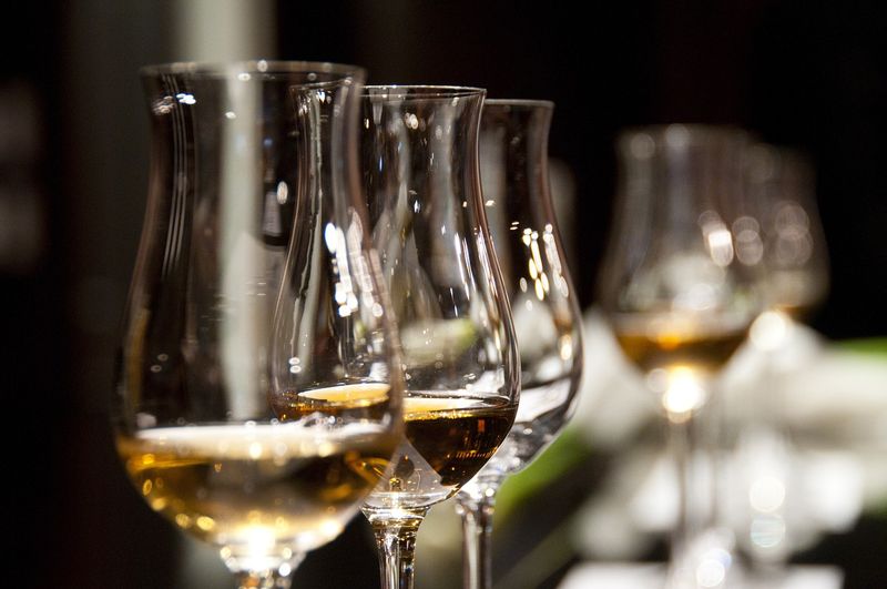 Wine glasses set on a table